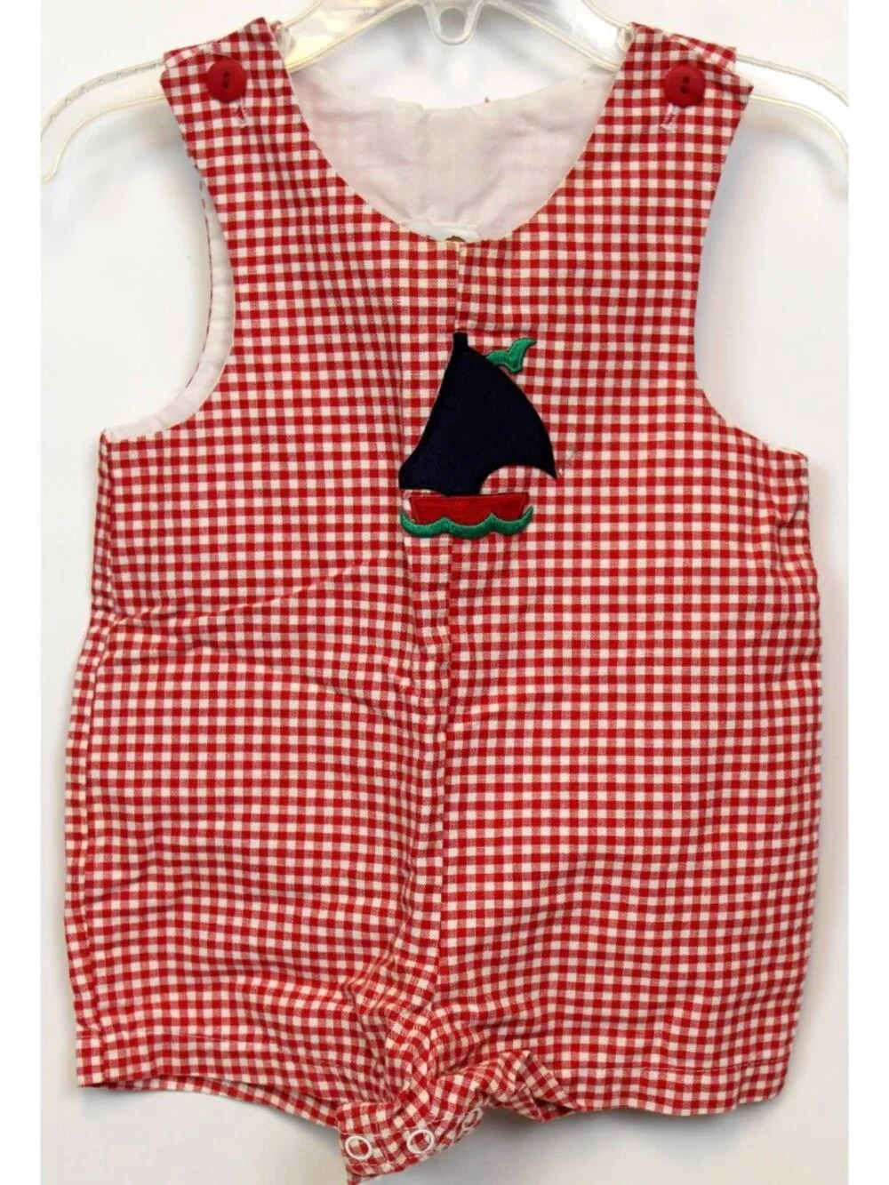 VTG Pete's Partners Jon Jon Romper & Hat Red Boys sz 12m Sailboat Red Gingham